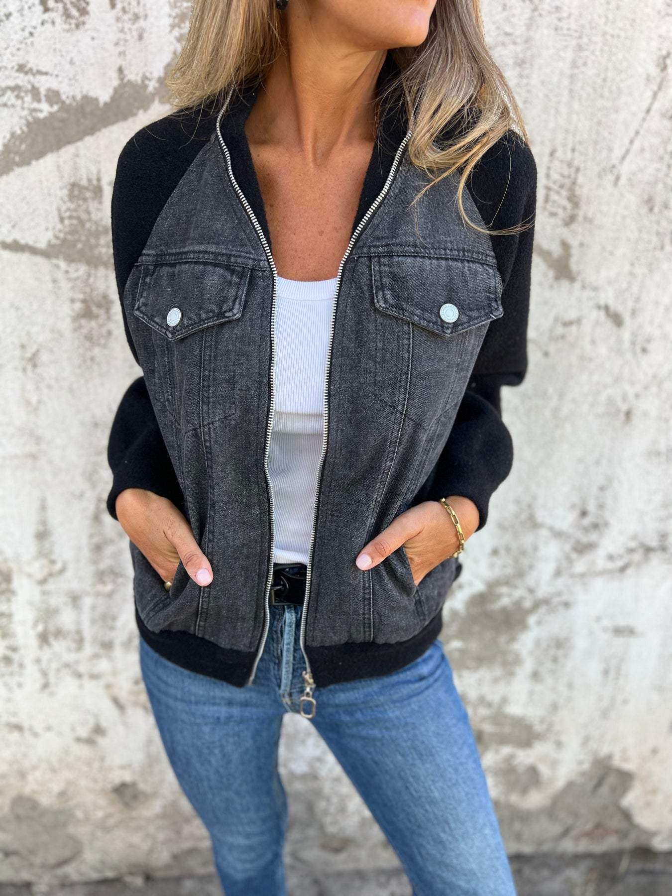 Delara-Contrast Denim Zip Jacket