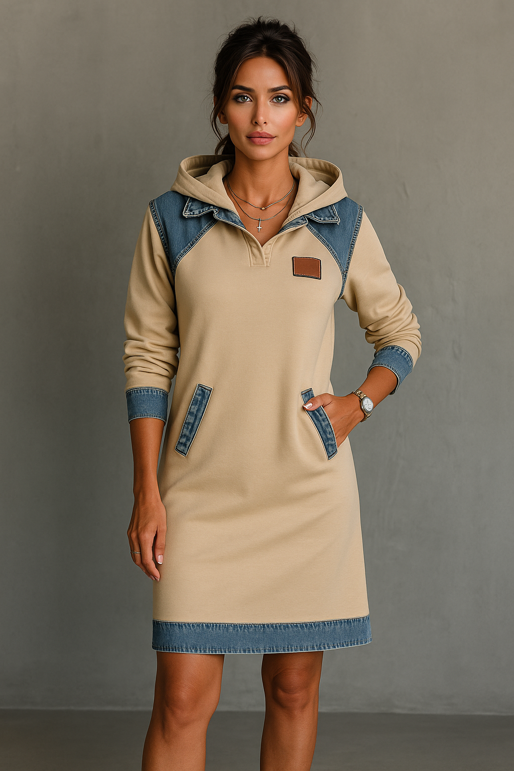 Arielle™ – Everyday Denim-Trim Hoodie Dress