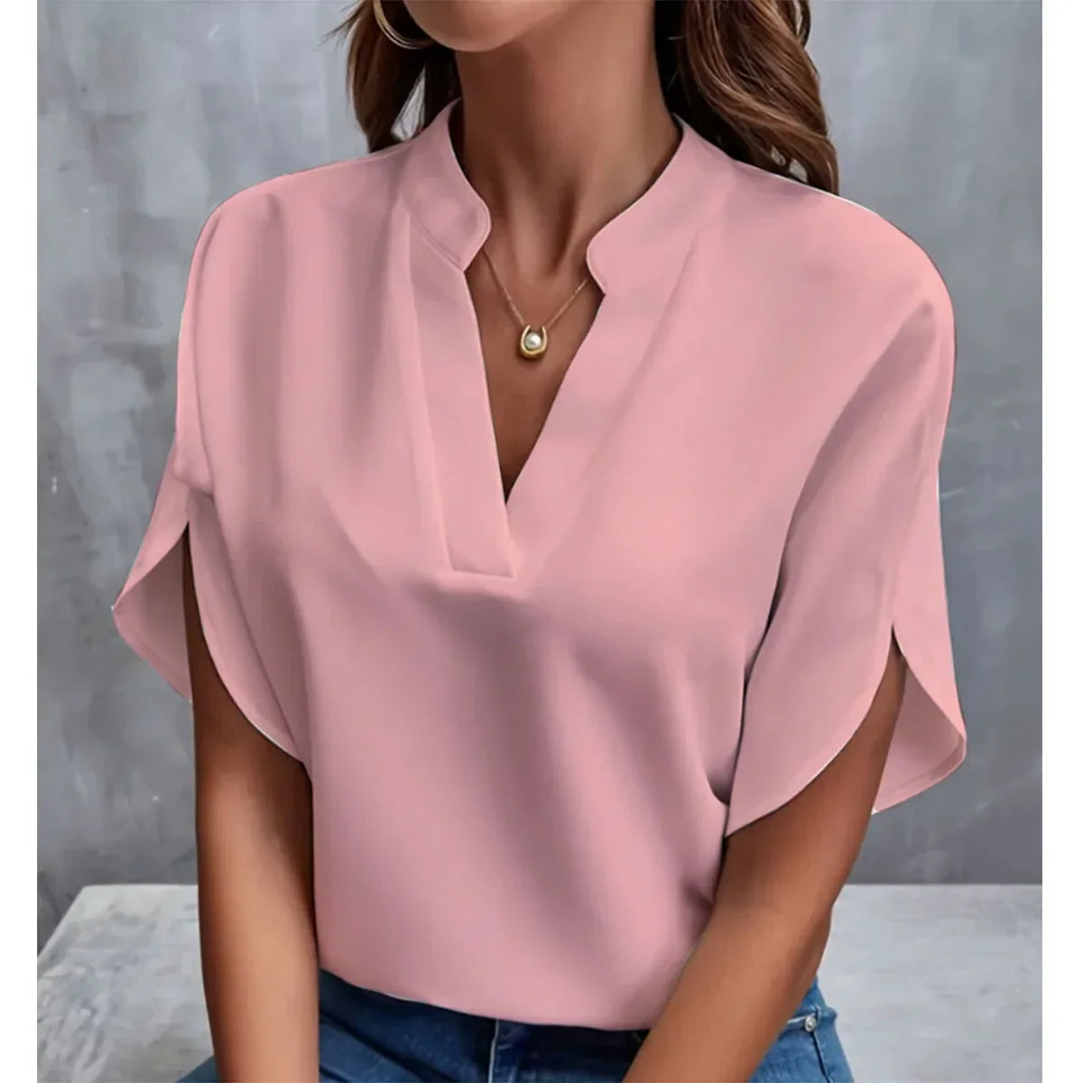 Fenry - Notch Neck Flutter Sleeve Blouse