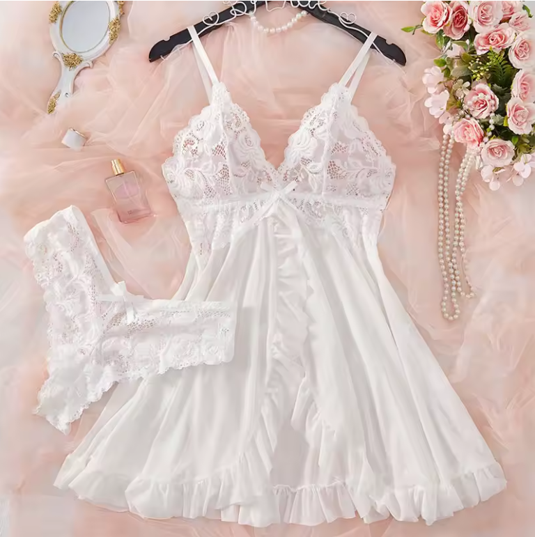Amélie – White Satin & Lace Lingerie Set