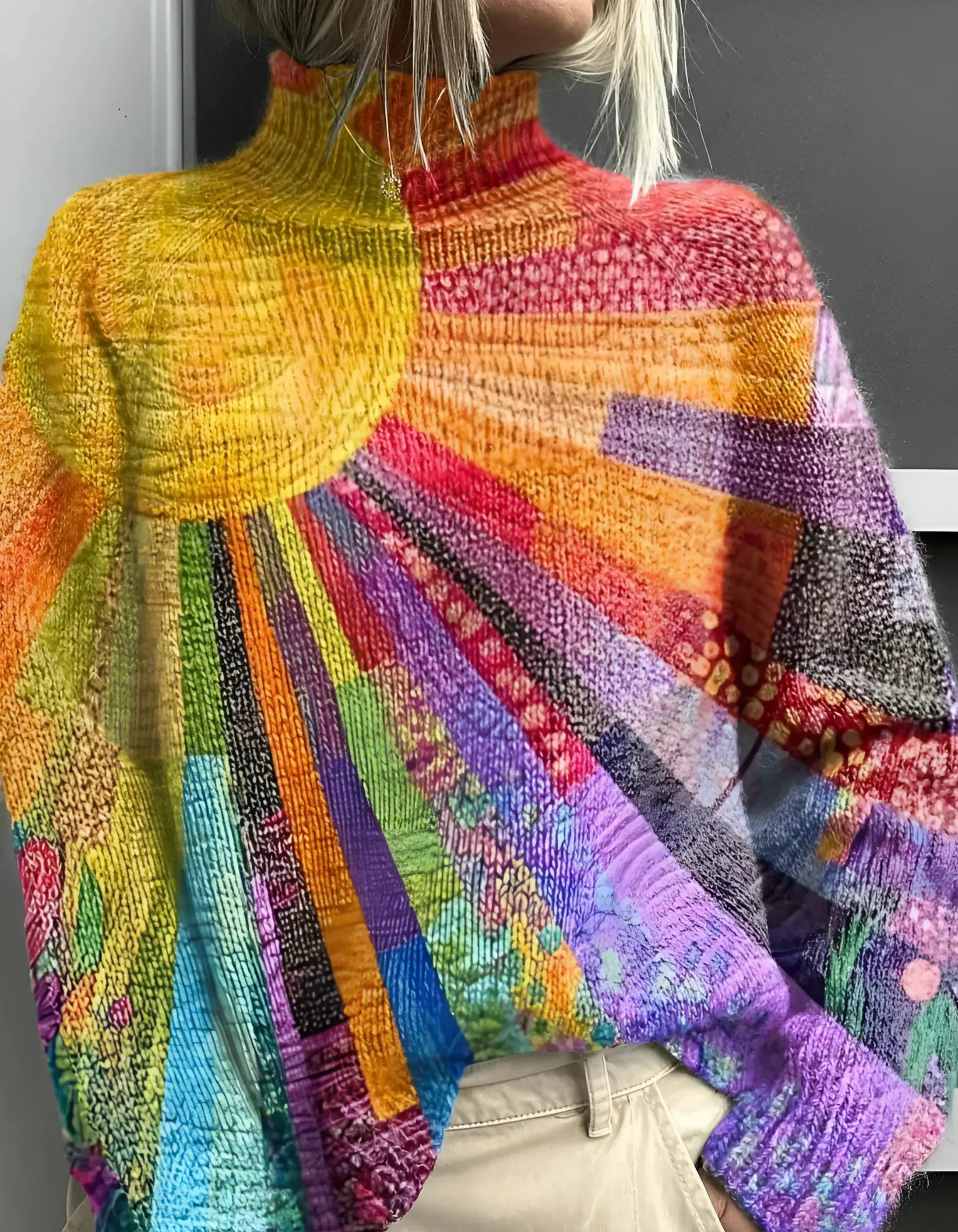 Kyra™ – Playful Rainbow Knit Turtleneck