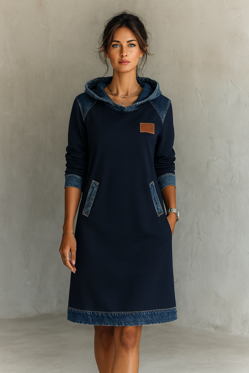Arielle™ – Everyday Denim-Trim Hoodie Dress